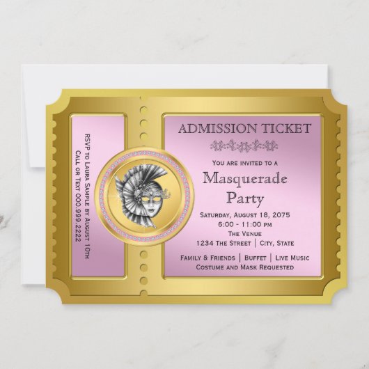 ゴールデンチケットピンクと金ゴールドマスカレードパーティー 招待状 (正面)