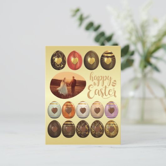 ゴールデンチョコレートエッグイースターフレームあなたの写真を追加 シーズンポストカード (スタンド正面)