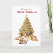 ゴールデンツリーのペンブローク・ウェルシュ・コーギー犬のクリスマスカード シーズンカード (正面)
