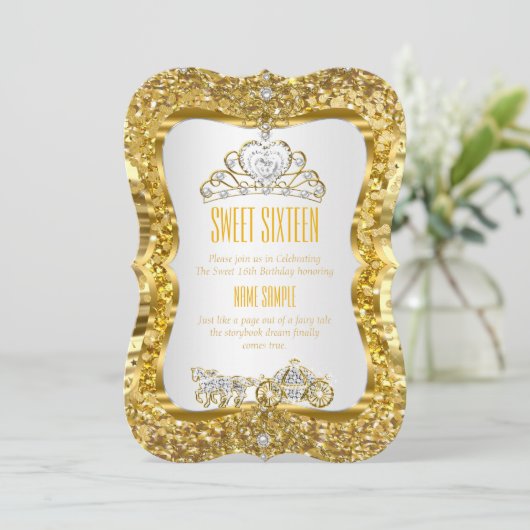 ゴールデンティアラプリンセススウィート16金ゴールドホワイト招待状 招待状 (スタンド正面)