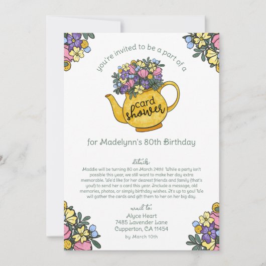 ゴールデンティーポット 80歳の誕生日カードシャワーを郵便で 招待状 (正面)