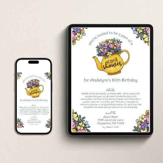 ゴールデンティーポット 80歳の誕生日カードシャワーを郵便で 招待状