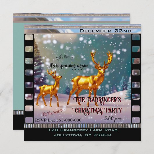 ゴールデンディアインスノーシーンクリスマスホリデーパーティー 招待状 (正面/裏面)