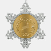 ゴールデントナカイとリースクリスマス スノーフレークピューターオーナメント (正面)