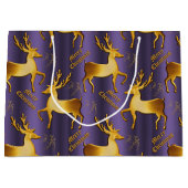 ゴールデントナカイのキラキラ紫色のクリスマス ラージペーパーバッグ (正面)