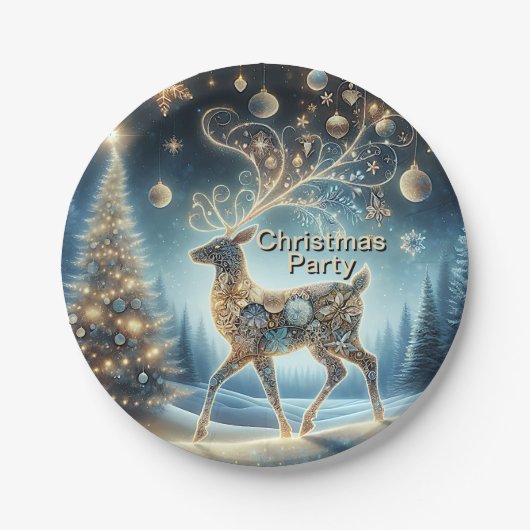 ゴールデントナカイクリスマスオーナメントブルースカイ ペーパープレート (正面)