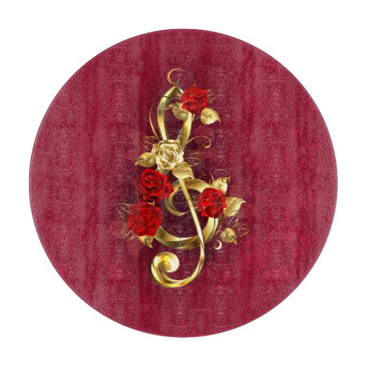 ゴールデントレブルクレフ、 音符記号とバラ花 カッティングボード (正面)