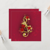 ゴールデントレブルクレフ、 音符記号とバラ花 カード (正面/裏面インサイチュ)