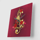 ゴールデントレブルクレフ、 音符記号とバラ花 スクエア壁時計 (傾斜)