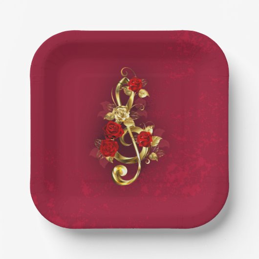 ゴールデントレブルクレフ、 音符記号とバラ花 ペーパープレート (正面)