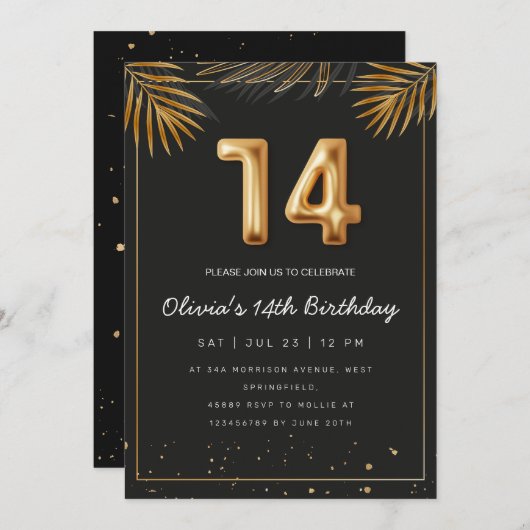 ゴールデントロピカル離れパームズ14th誕生日インビタット 招待状 (正面/裏面)