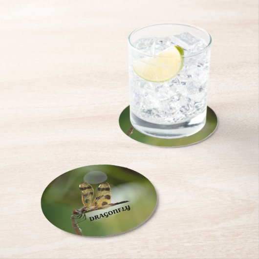 ゴールデントンボのカスタマイズ可能な緑 ラウンドペーパーコースター (インサイチュ)