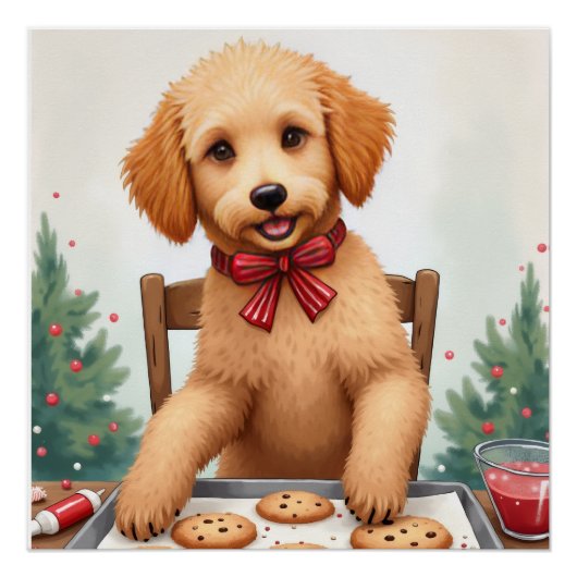 ゴールデンドゥードルがクリスマスクッキーを飾る ポスター (正面)