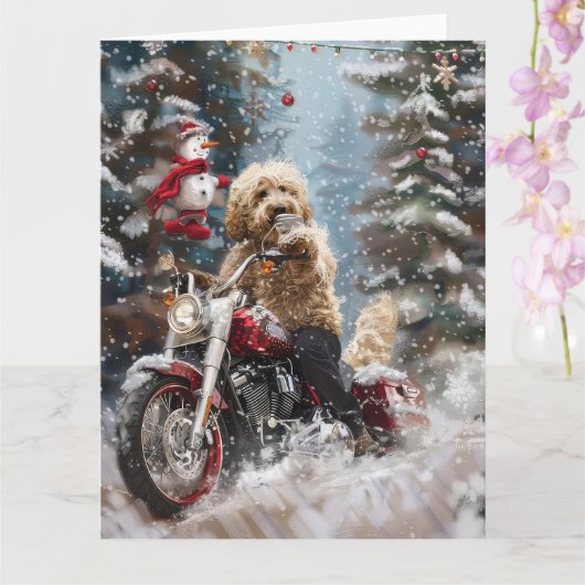 ゴールデンドゥードル犬のバイククリスマス カード (蘭)