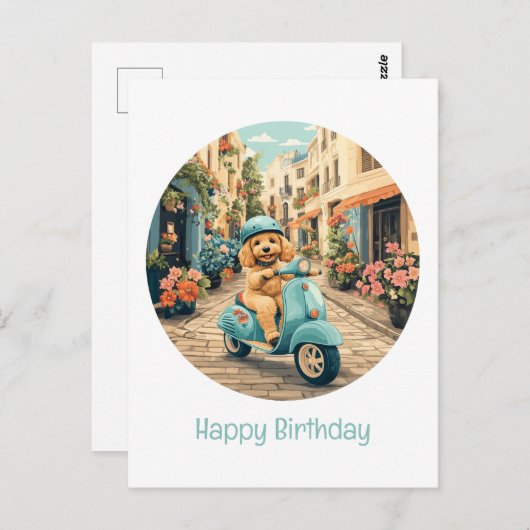 ゴールデンドゥードル犬の誕生日おめでとう!スクーターに乗って ポストカード (正面/裏面)