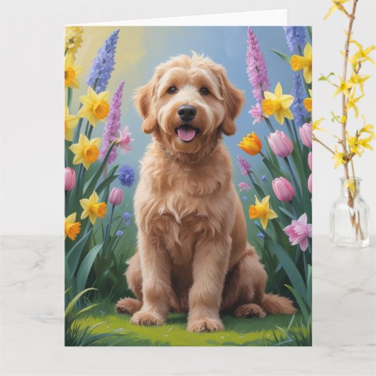 ゴールデンドゥードル犬 春の花の絵 カード (黄色い花)