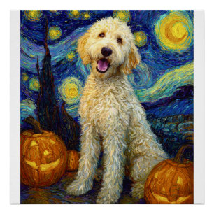 ゴールデンドゥードル かわいい 犬 ハロウィン かぼちゃランタン ポスター