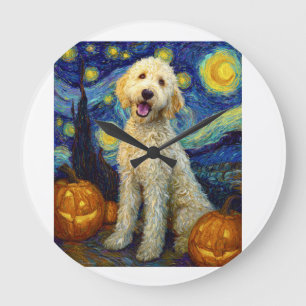 ゴールデンドゥードル かわいい 犬 ハロウィン かぼちゃランタン ラージ壁時計