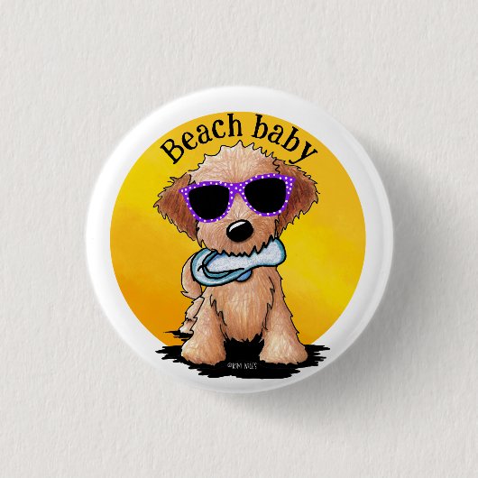 ゴールデンドゥードル 子犬 ビーチ 缶バッジ (正面)