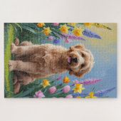 ゴールデンドゥードル 犬 春の花 絵画 ジグソーパズル (横)