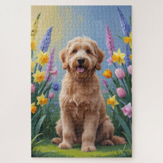 ゴールデンドゥードル 犬 春の花 絵画 ジグソーパズル (縦)