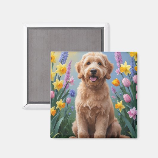 ゴールデンドゥードル 犬 春の花 絵画 マグネット (正面/裏面)