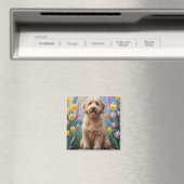 ゴールデンドゥードル 犬 春の花 絵画 マグネット (インサイチュ (食洗機))