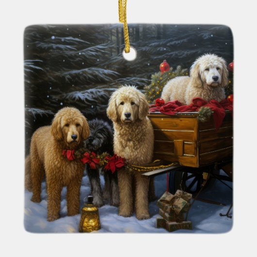 ゴールデンドゥードル 雪のそり クリスマス デコレーション (正面)