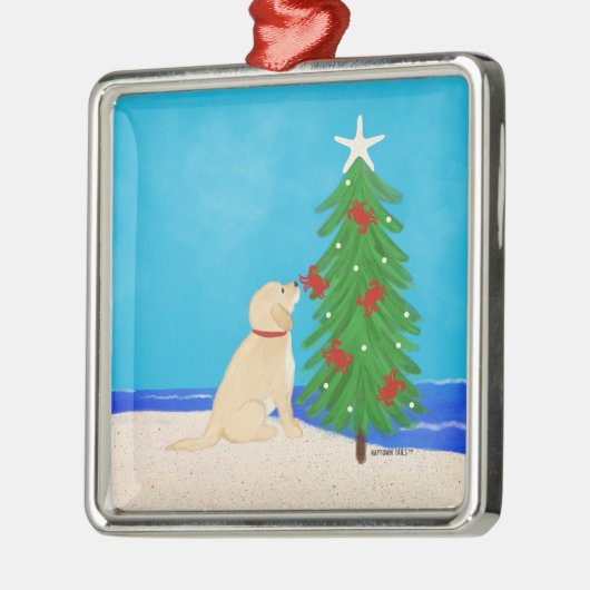 ゴールデンドッグは四角いクリスマスオーナメントを願う メタルオーナメント (左)