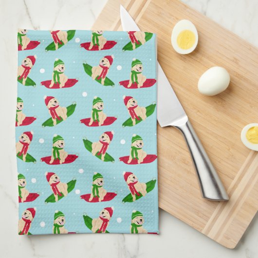 ゴールデンドッグウィンタースラードデイキッチンタオル キッチンタオル (四つ折り)