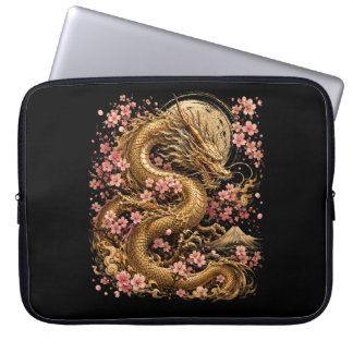 ゴールデンドラゴンと桜の花の美しいノートパソコン ラップトップスリーブ