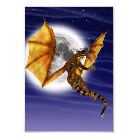ゴールデンドラゴン 神話上のファンタジー クリーチャー 紫色の空 フォトプリント (正面)