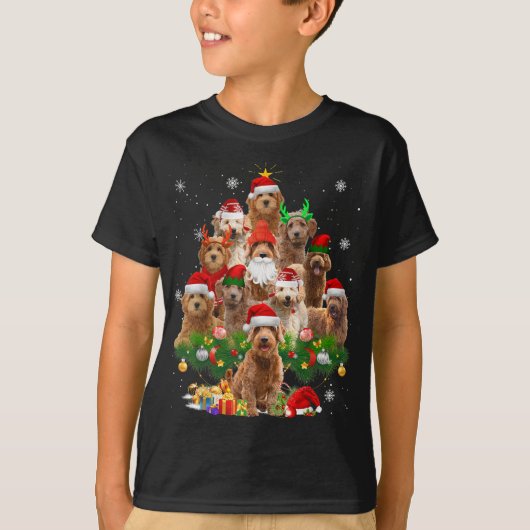 ゴールデンドルクリスマスツリーライトおもしろい犬クリスマス Tシャツ (正面)