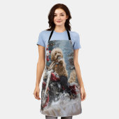 ゴールデンドルドッグオートバイクリスマスに乗る エプロン (着用した状態)