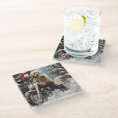 ゴールデンドルドッグオートバイクリスマスに乗る ガラスコースター (アングル)