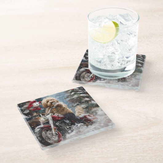 ゴールデンドルドッグオートバイクリスマスに乗る ガラスコースター (アングル)