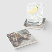 ゴールデンドルドッグオートバイクリスマスに乗る ストーンコースター (横)