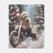 ゴールデンドルドッグオートバイクリスマスに乗る フリースブランケット (正面)