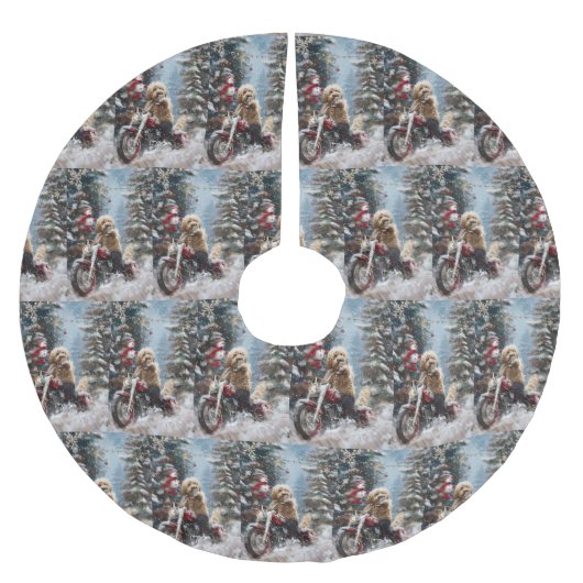 ゴールデンドルドッグオートバイクリスマスに乗る ブラッシュドポリエステルツリースカート (正面)