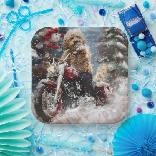 ゴールデンドルドッグオートバイクリスマスに乗る ペーパープレート (パーティー)