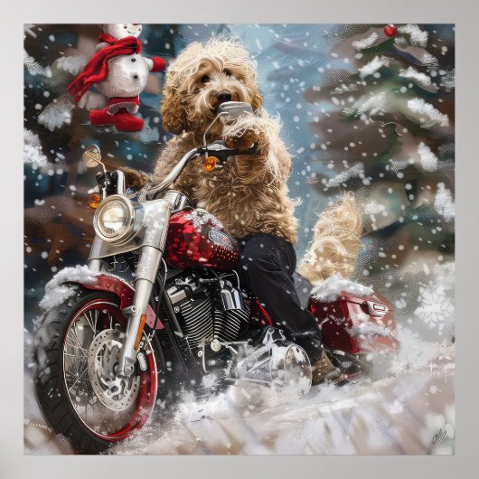 ゴールデンドルドッグオートバイクリスマスに乗る ポスター (正面)