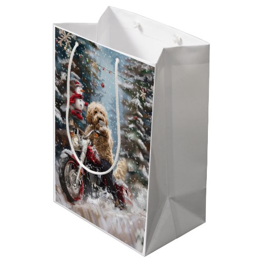ゴールデンドルドッグオートバイクリスマスに乗る ミディアムペーパーバッグ (裏面アングル)