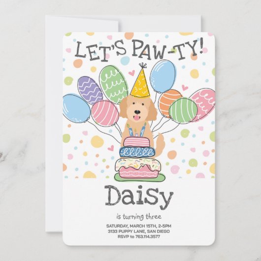 ゴールデンドルドッグ誕生日パーティーの招待 招待状 (正面)