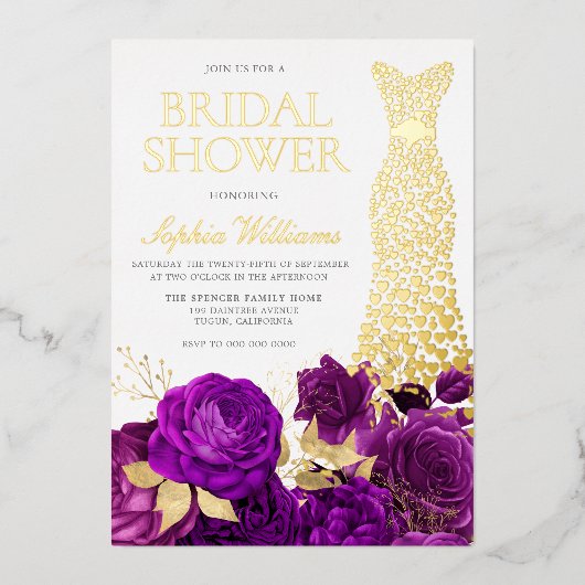 ゴールデンドレスパープルフローラブライダルシャワー金ゴールド 箔招待状 (正面)