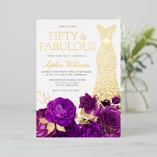 ゴールデンドレスパープルフローラ50thバースデーパーティー 箔招待状 (立ち正面)