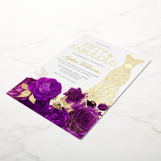 ゴールデンドレスパープルフローラ50thバースデーパーティー 箔招待状 (回転した状態)