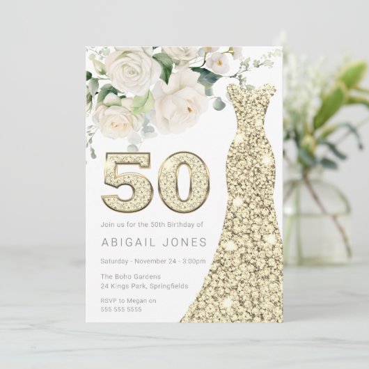 ゴールデンドレスホワイトフローラバラ50th誕生日 招待状 (スタンド正面)