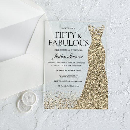 ゴールデンドレス女性50thバースデーパーティー アクリル招待状