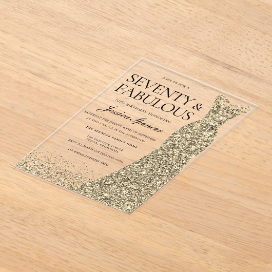 ゴールデンドレス女性70thバースデーパーティー アクリル招待状 (レイダウン)