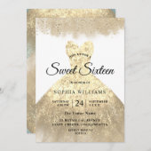 ゴールデンドレス金ゴールドスウィート16バースデーパーティー 招待状 (正面/裏面)